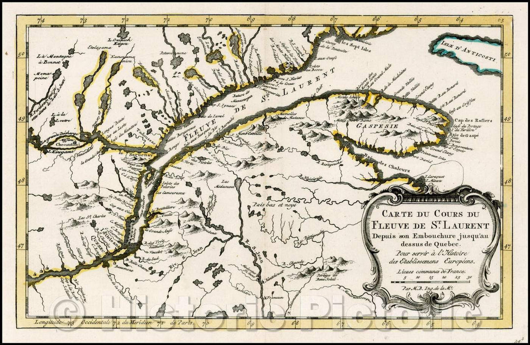 Historic Map - Carte Du Cours Du Fleuve De St. Laurent Depuis son Embouchere :: Regional of Canada, extending from Anticosti Island to just west of Quebec, 1771 - Vintage Wall Art