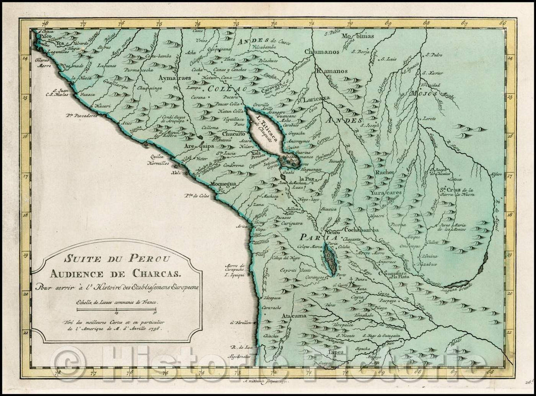 Historic Map - Suite De Perou Audience De Charcas/Map of Peru, centered on Lake Titicaca, 1771, A. Krevelt - Vintage Wall Art