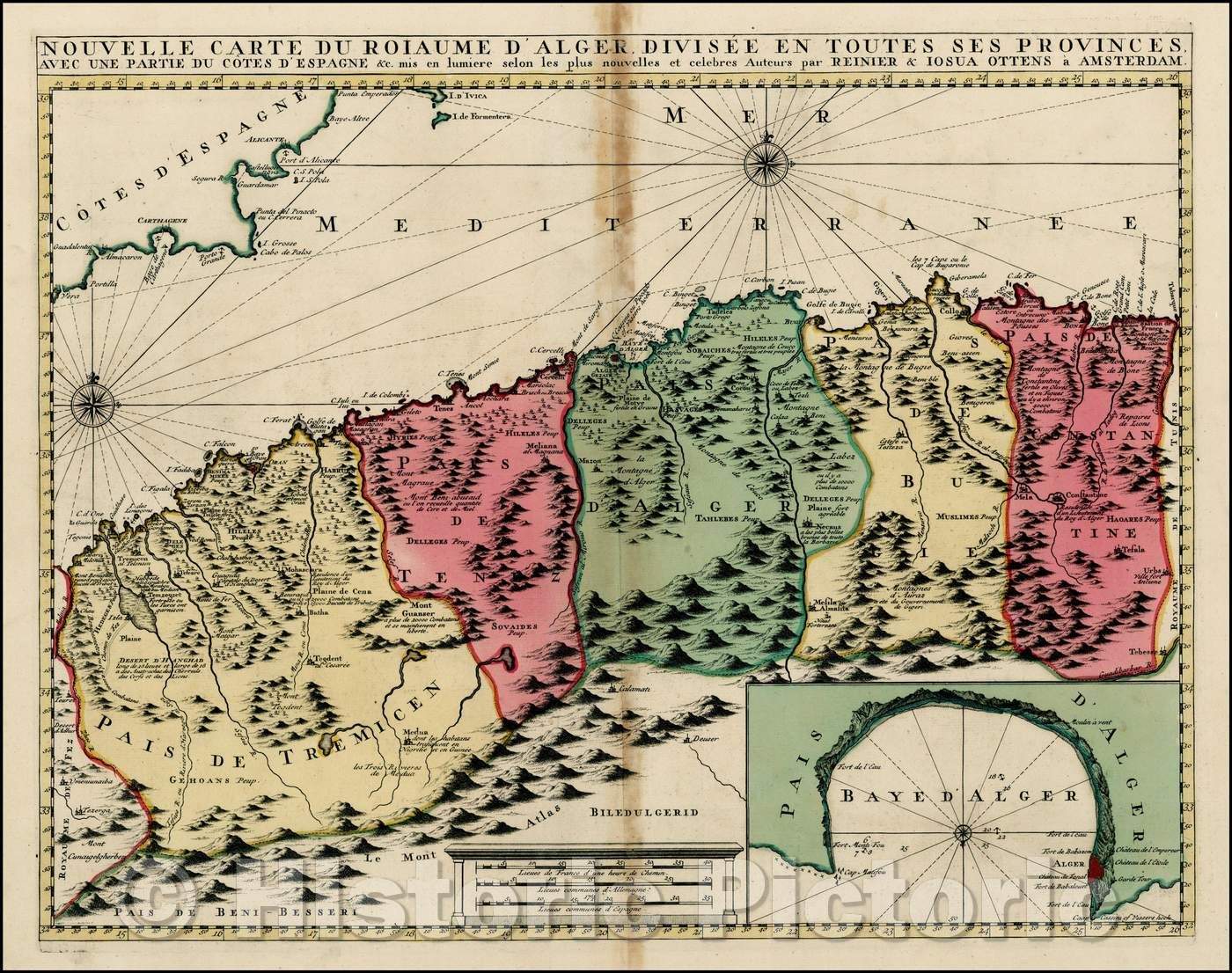 Historic Map - Nouvelle Carte Du Roiaume D'Alger Divisee En Toutes Ses Provinces/Map of the Western Mediterranean and part of the Coast of North Africa, 1740 - Vintage Wall Art