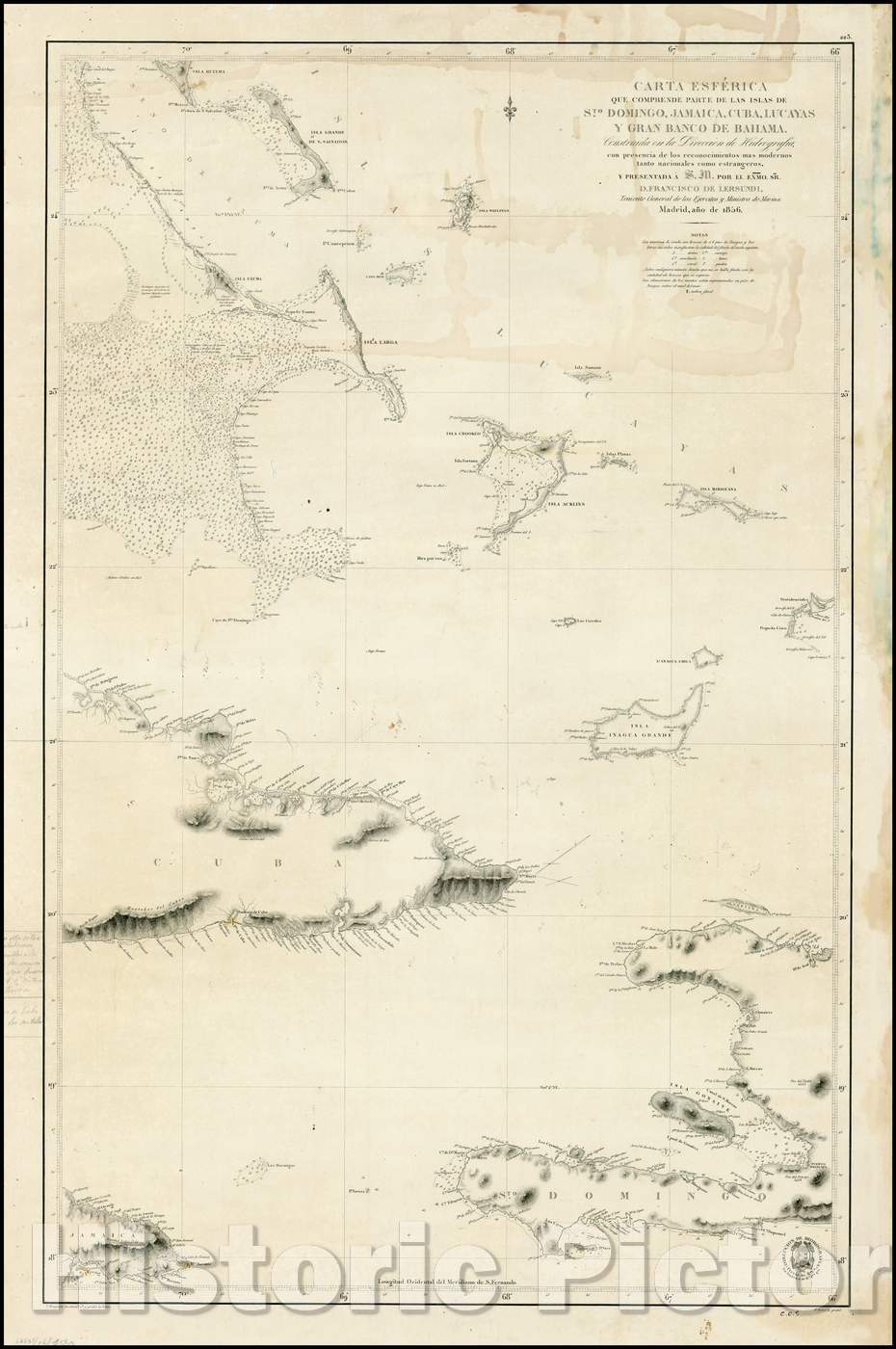 Historic Map - Carta Esferica que comprende parte de las Islas de S.to Domingo, Jamaica, Bahamas, eastern Cuba, and parts of Jamaica and Santa Domingo, 1856 - Vintage Wall Art