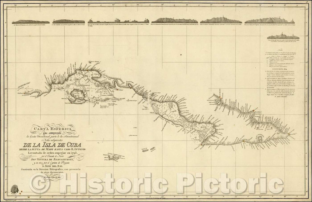 Historic Map - Carta Esferica que comprende la Costa Meridionale parte de la Setentrional/Spanish Chart of Cuba, including 7 profile Views, 1828 - Vintage Wall Art