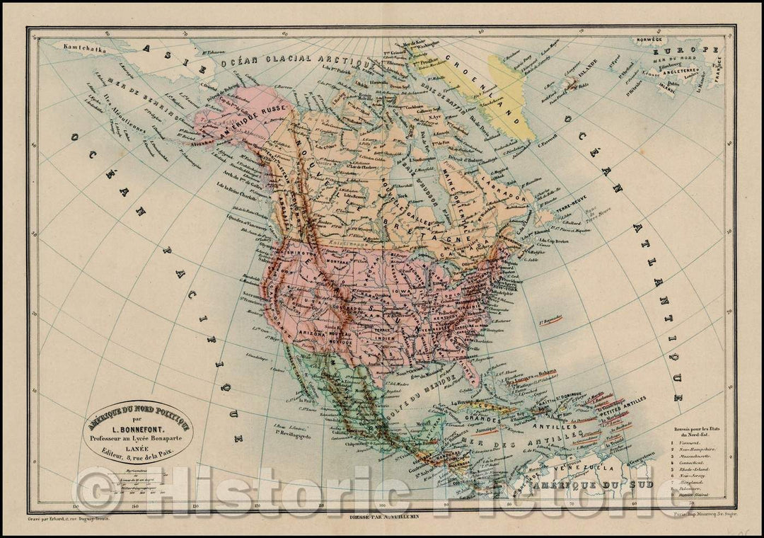 Historic Map - Amerique Du Nord Politique. Par L. Bonnefont Professeur au Lycee Bonaparte :: America North Policy. By L. Bonnefont teacher at Lycee Bonaparte, 1865 - Vintage Wall Art