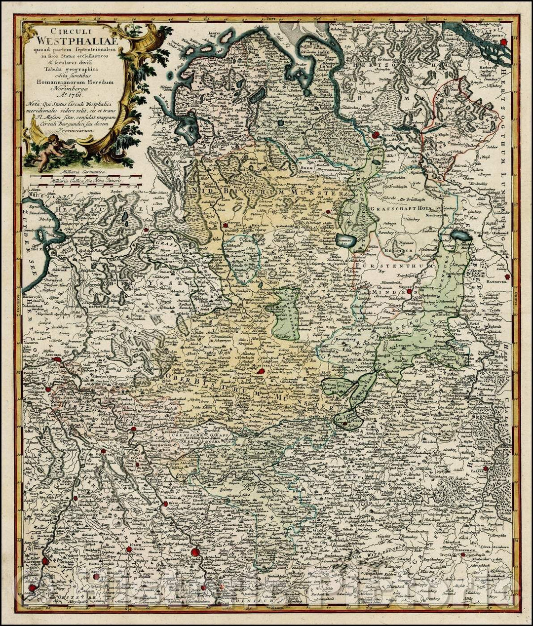 Historic Map - Circuli Westphaliae quoad partem Septentrionalem in :: suos Sttus ecclesias/Germany, Bremen and Hamburg,Cologne, Bonn, Dusseldorf, 1761 - Vintage Wall Art