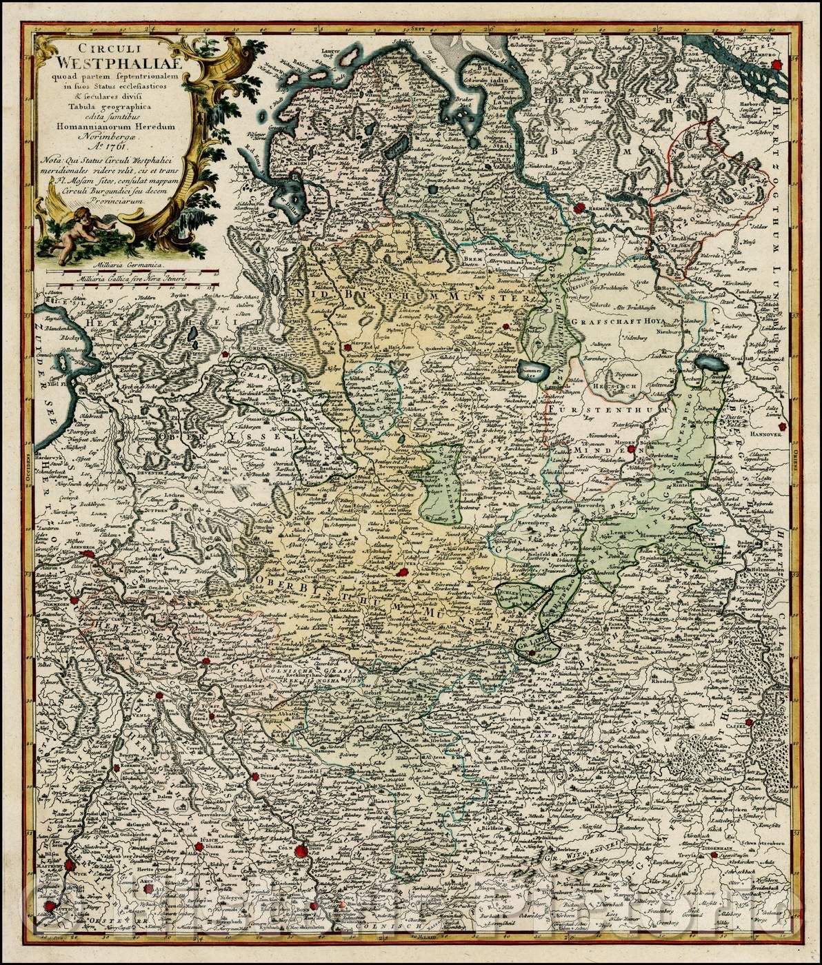 Historic Map - Circuli Westphaliae quoad partem Septentrionalem in :: suos Sttus ecclesias/Germany, Bremen and Hamburg,Cologne, Bonn, Dusseldorf, 1761 - Vintage Wall Art