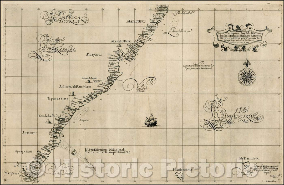 Historic Map - Carta particolare della Brasilia che comincia con ilcapo/Sea Chart of straits of Gibralter and coast of Spain and North Africa, 1646 - Vintage Wall Art