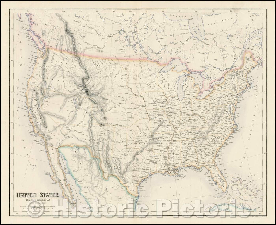 Historic Map - United States North America, 1854, Archibald Fullarton & Co. - Vintage Wall Art