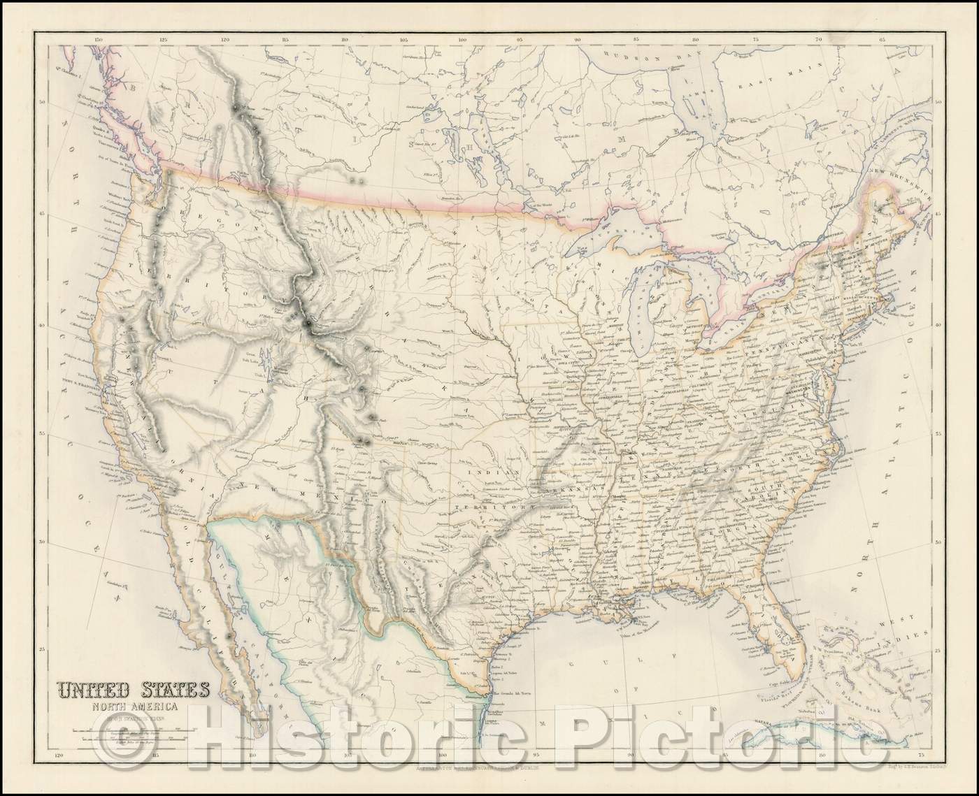 Historic Map - United States North America, 1854, Archibald Fullarton & Co. - Vintage Wall Art