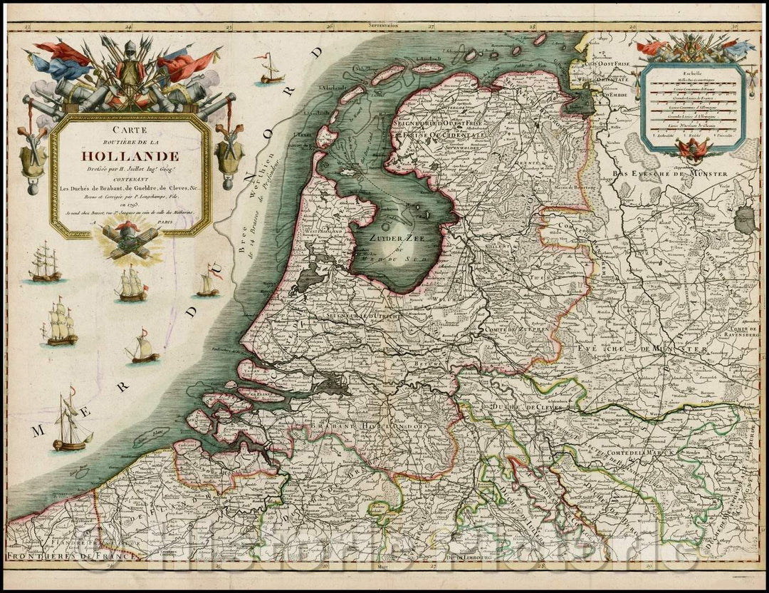 Historic Map - Carte Routiere De La Holland/Map of the Netherlands, Belgium and Munster, 1793, Pierre-Nicolas Buret de Longchamps - Vintage Wall Art