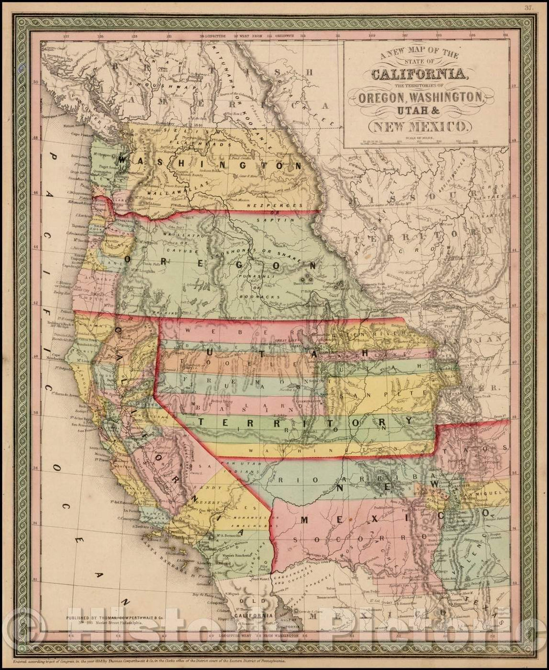 Historic Map - The State Of California, The Territories Of Oregon, Washington, Utah & New Mexico, 1853, Thomas, Cowperthwait & Co. v3