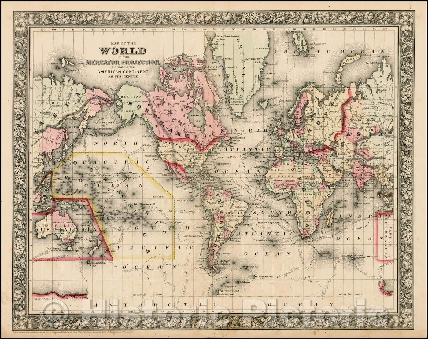 Historic Map - Map of the World on The Mercator Projection, Exhibiting the American Continent As Its Centre, 1864, Samuel Augustus Mitchell Jr. v1