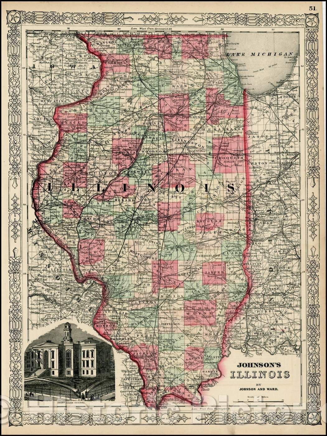 Historic Map - Johnson's Illinois, 1864, Benjamin Ward - Vintage Wall Art