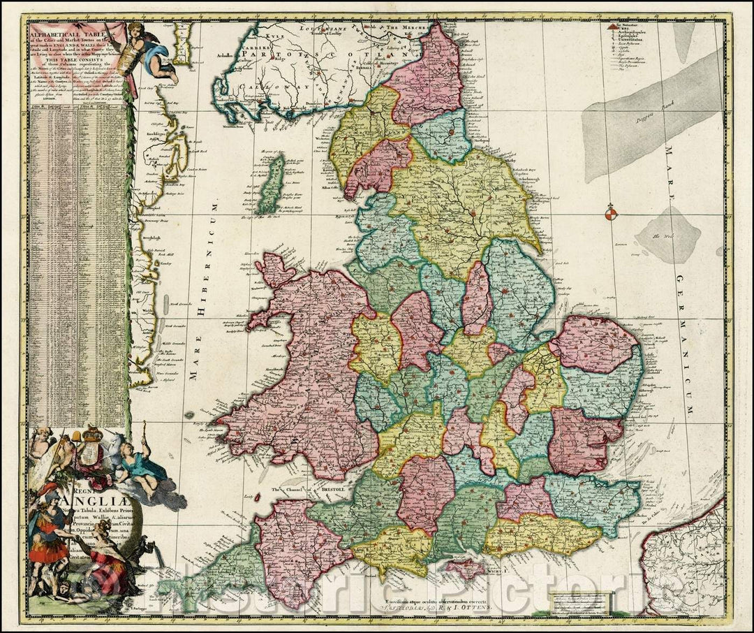 Historic Map - Regni Angliae Nova Tabula, Exhibens Principatum Walliae, aliarum/Third state of De Ram's Map of England, by Reiner and Josua Ottens, 1725 - Vintage Wall Art