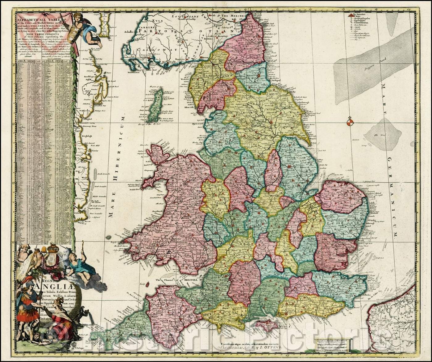 Historic Map - Regni Angliae Nova Tabula, Exhibens Principatum Walliae, aliarum/Third state of De Ram's Map of England, by Reiner and Josua Ottens, 1725 - Vintage Wall Art