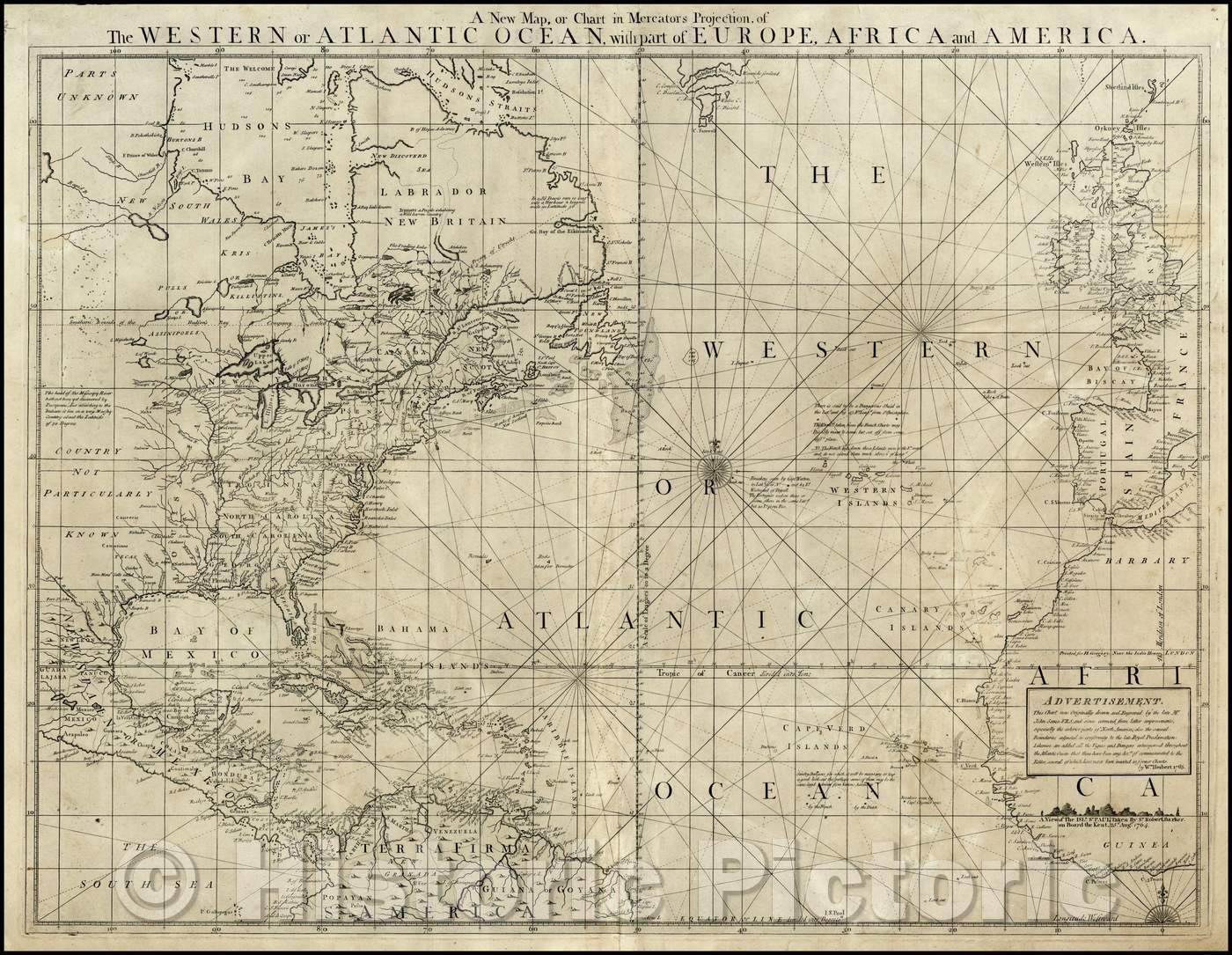 Historic Map - A New Map, or Chart in Mercators Projection, of The Western or Atlantic Ocean with Part of Europe, Africa and South America, 1763, William Herbert - Vintage Wall Art