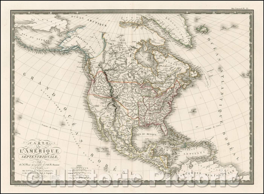 Historic Map - Carte de L'Amerique Septentrionale :: North America, Lewis and Clark's expedition, Search for a northwest passage, 1821, Adrien-Hubert Bru?- Vintage Wall Art