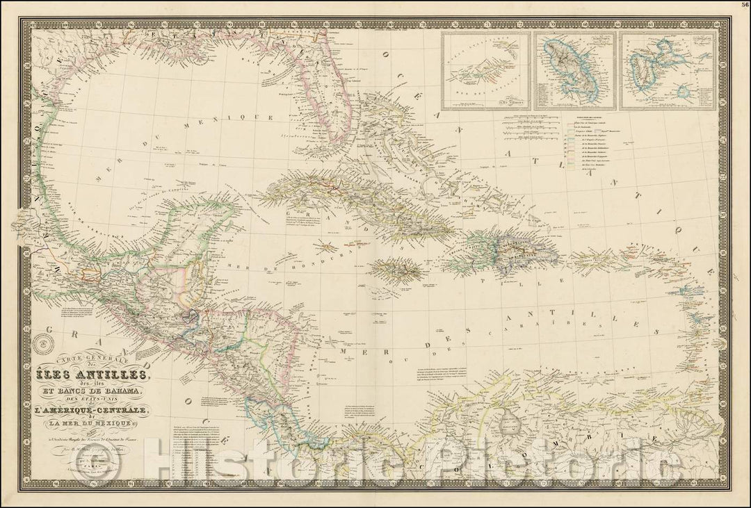 Historic Map - Iles Antilles, des Iles Et Bancs De Bahama, Des Etats-U :: Carte Generale Caribbean Islands, the Islands and Banks From Bahama, The Un, 1857 - Vintage Wall Art