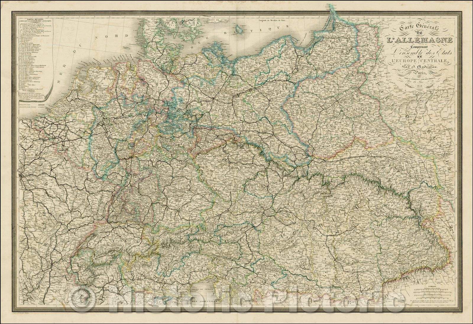 Historic Map - Carte Generale De L'Allemagne Comprenant L'ensemble des Etats De L'Europe :: Eastern Europe, 1858 - Vintage Wall Art