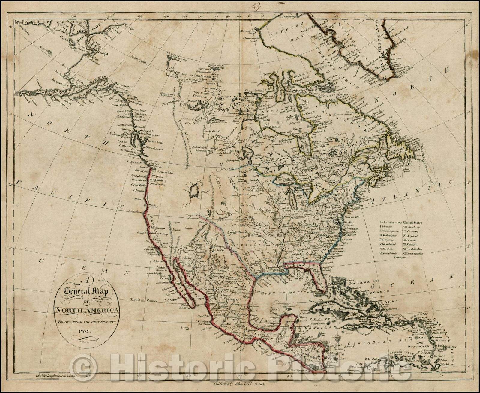 Historic Map - A General Map of North America, 1796, John Reid - Vintage Wall Art