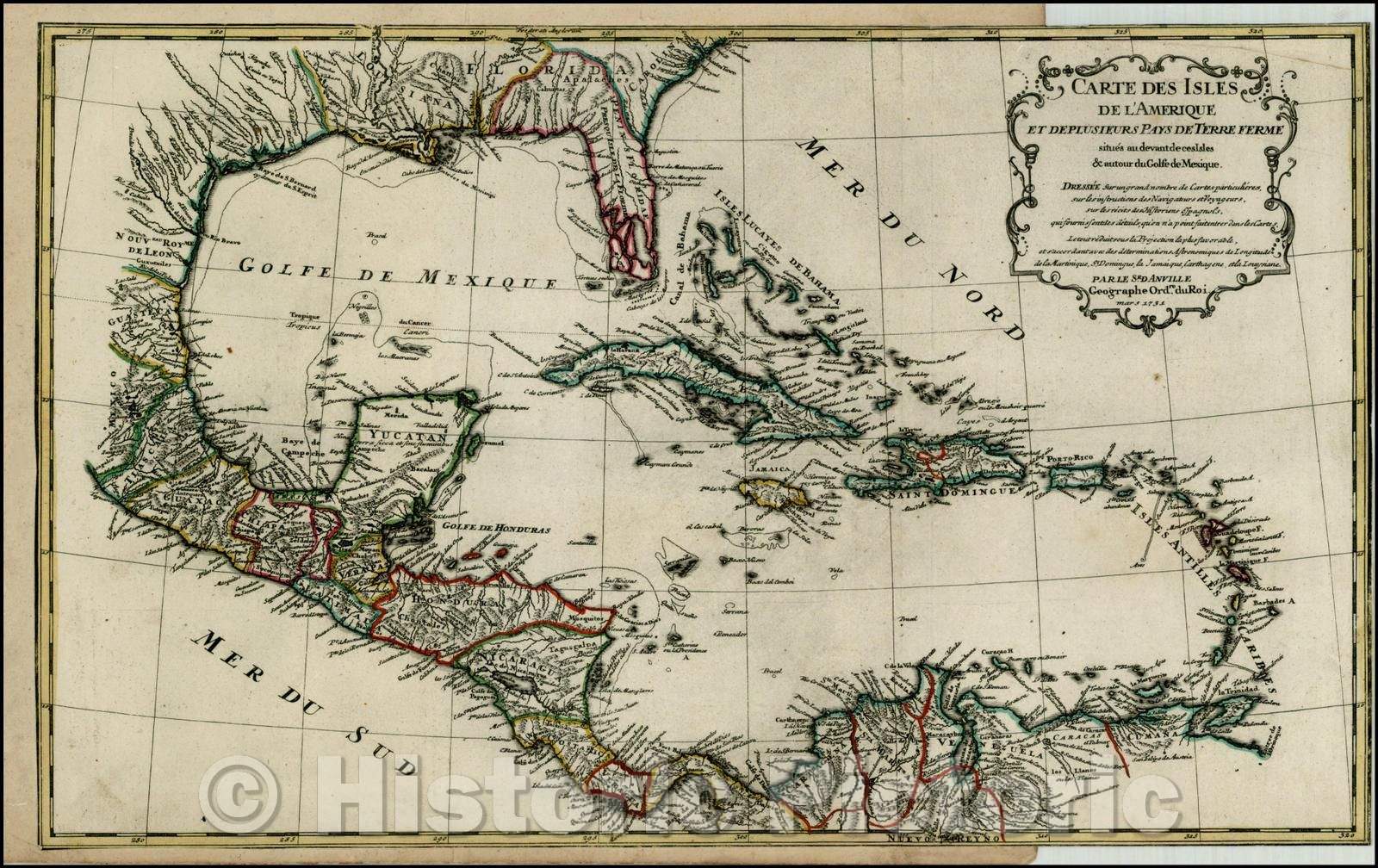 Historic Map - Carte Des Isles de L'Amerique et Deplusieurs Pays de Terre Ferme/Map of Florida, the Caribbean, Gulf Coast and Centeral America, 1731 - Vintage Wall Art