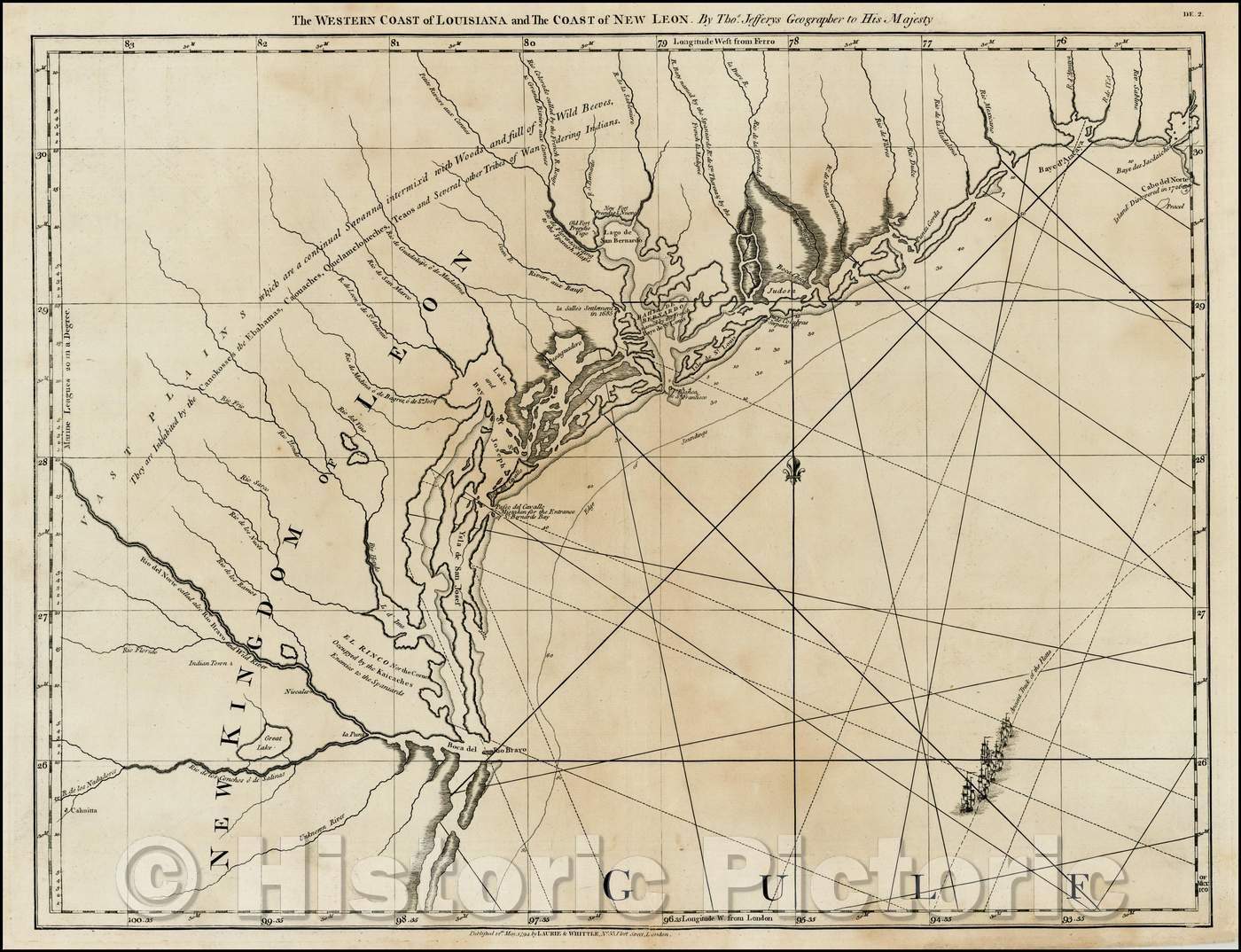 Historic Map - The Western Coast of Louisiana and The Coast of New Leon. (first modern map of the Texas Coast), 1794, Thomas Jefferys v1