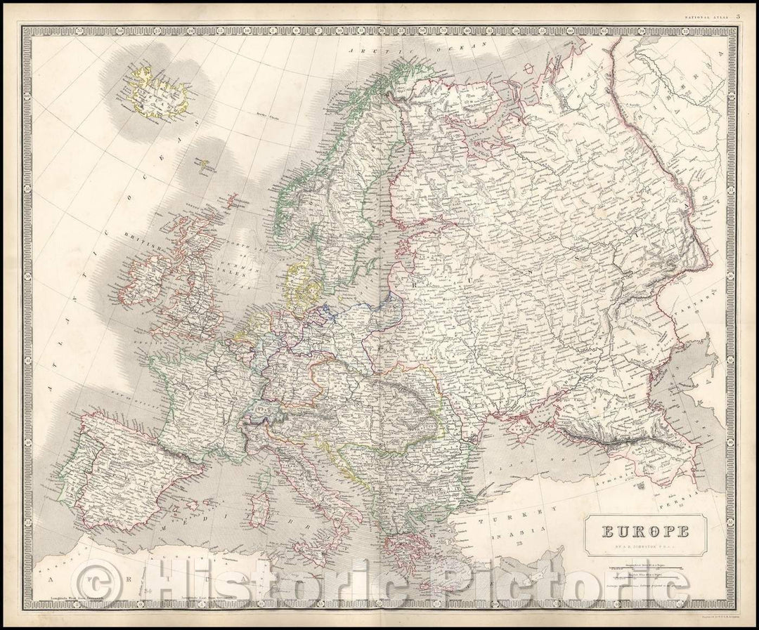 Historic Map - Europe, 1845, W. & A.K. Johnston - Vintage Wall Art