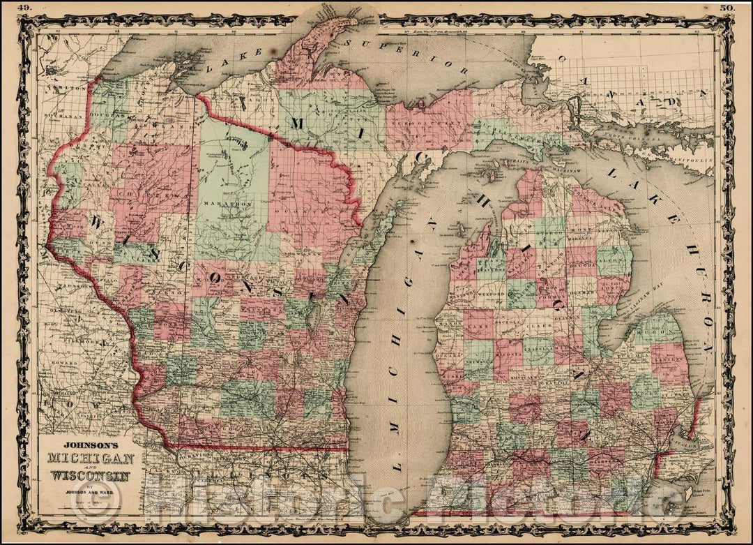 Historic Map - Johnson's Michigan and Wisconsin, 1862, Benjamin Ward - Vintage Wall Art