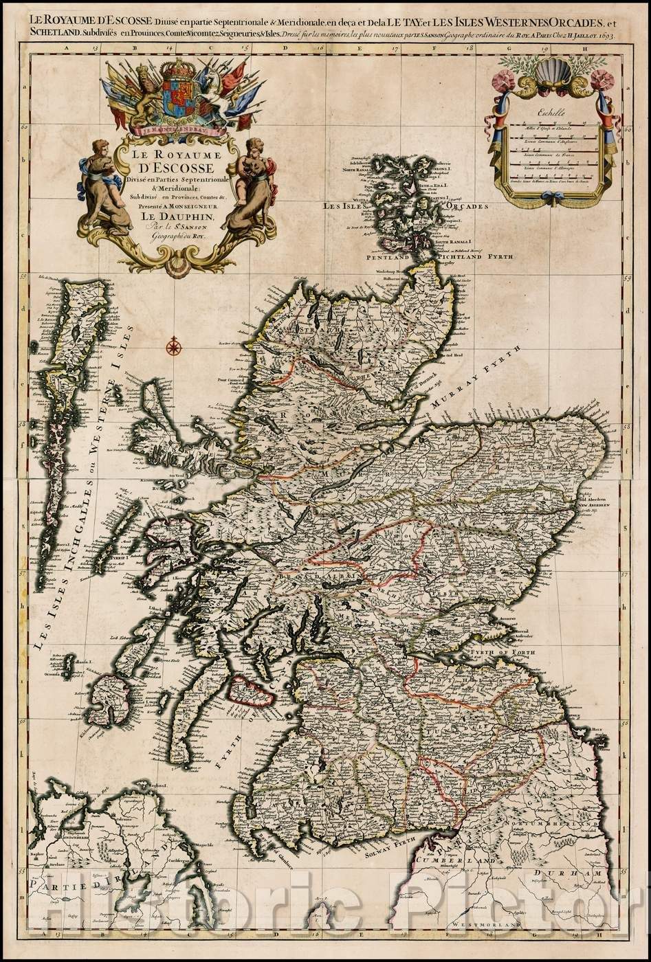 Historic Map - Le Royaume D'Ecosse Divise en Parties Septentrionales & Meridionales :: Format of Scotland, colored by counties, published by Hubert Jaillot, 1693 - Vintage Wall Art