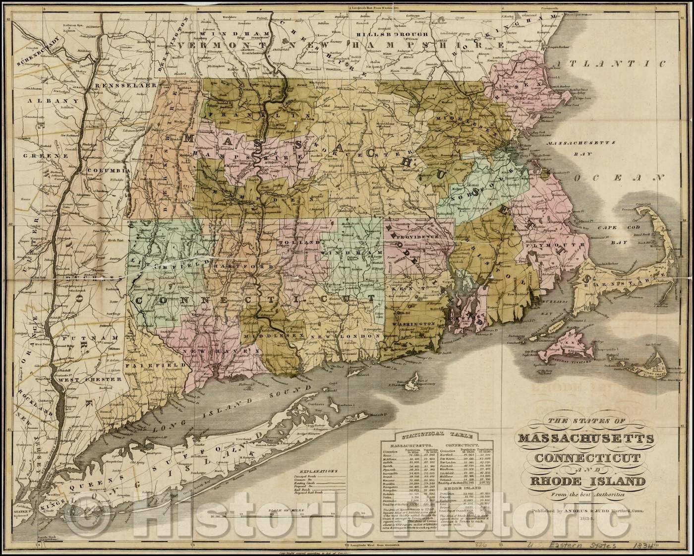 Historic Map - The States of Massachusetts Connecticut And Rhode Island From the best Authorities, 1834, Andrus - Vintage Wall Art