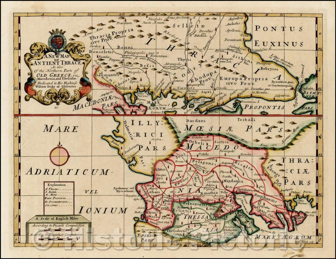 Historic Map - Anticent Thrace, as also of the Northern Parts of Old Greece, viz Macedonia, and Thessalia, 1712, Edward Wells - Vintage Wall Art