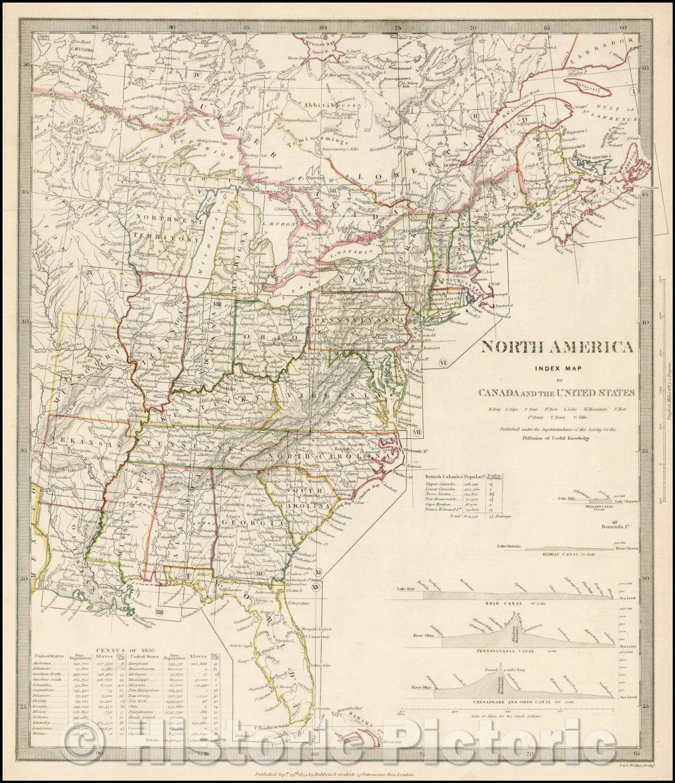 Historic Map - North America Index Map To Canada And The United States, 1849, SDUK - Vintage Wall Art