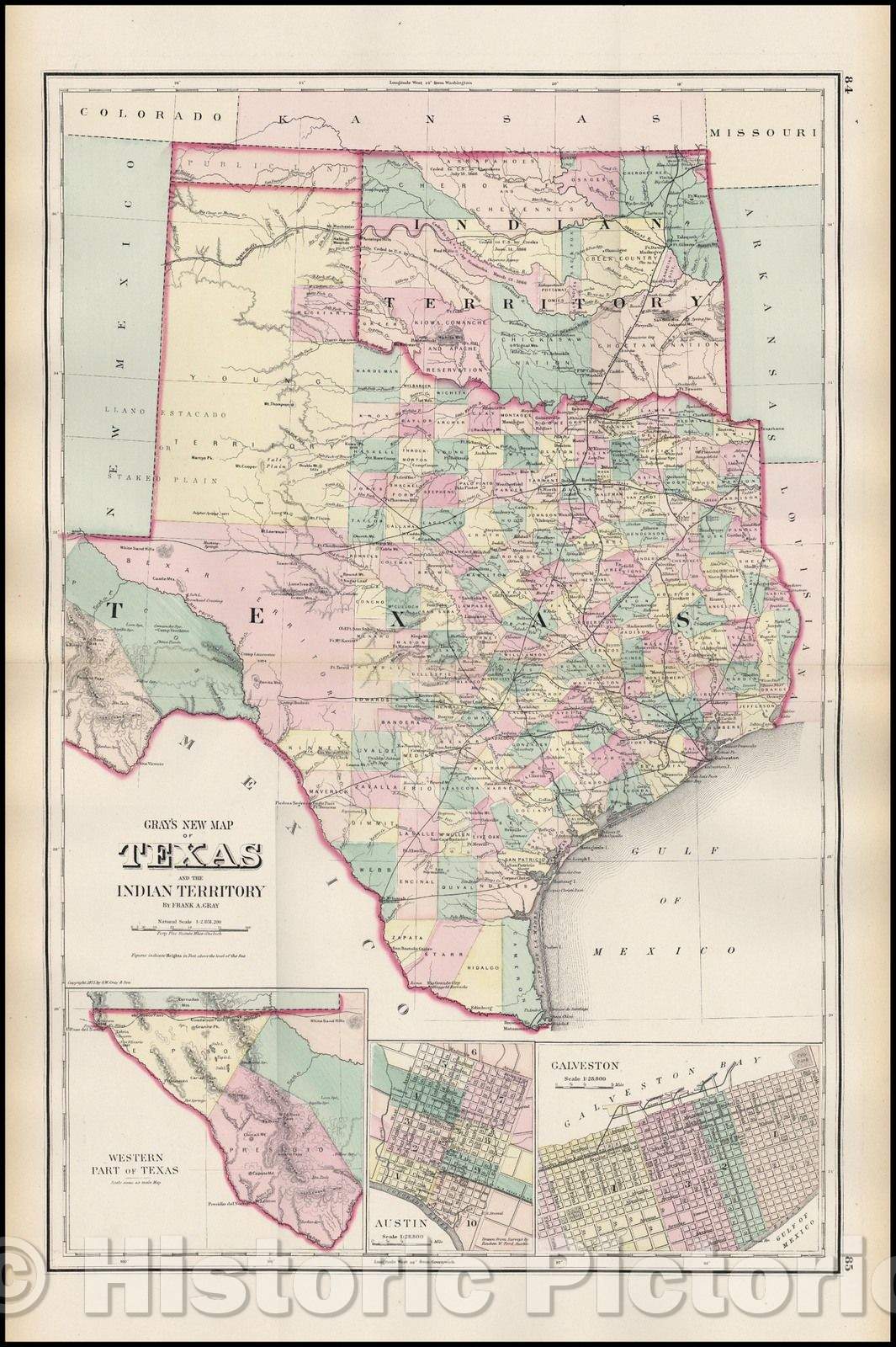 Historic Map - Gray's New Map of Texas and The Indian Territory, 1875, O.W. Gray - Vintage Wall Art