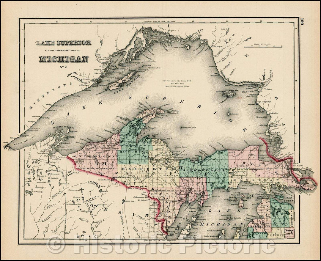 Historic Map - Lake Superior and the Northern Part of Michigan, 1875, O.W. Gray - Vintage Wall Art