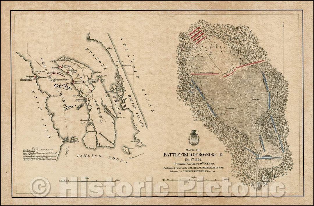 Historic Map - Map of the Battlefield of Roanoake Id. Feb. 8th 1862, 1870, U.S. War Department - Vintage Wall Art