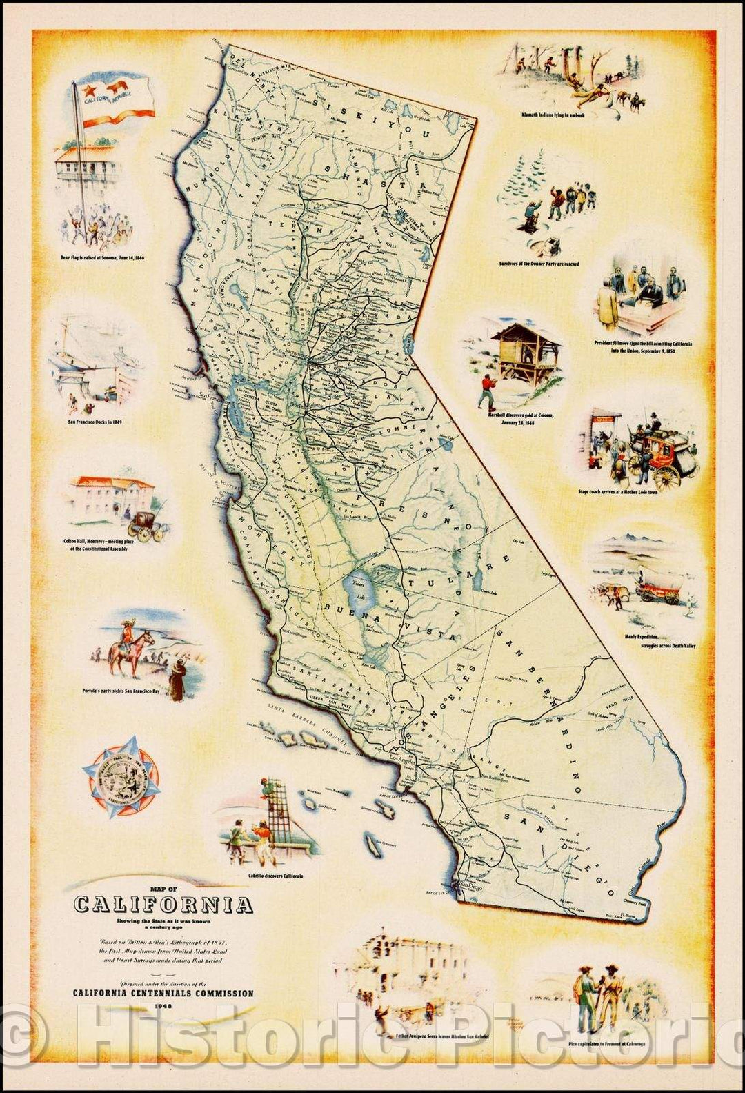 Historic Map - Map of California Showing the State as it was known a century ago. Based on Briton & Rey's Lithograph of, the first Map, 1948 - Vintage Wall Art