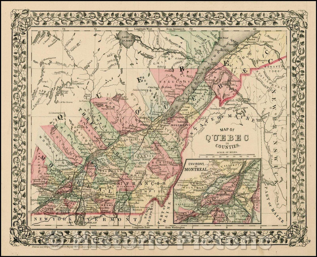 Historic Map - Map of Quebec In Counties, 1879, Samuel Augustus Mitchell Jr. - Vintage Wall Art