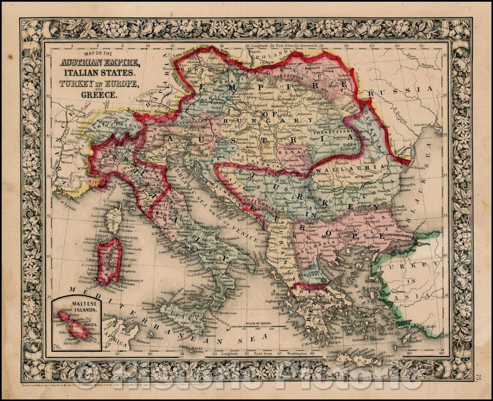 Historic Map - Map of The Austrian Empire, Italian States, Turkey in Europe And Greece [Inset of Malta], 1862, Samuel Augustus Mitchell Jr. - Vintage Wall Art