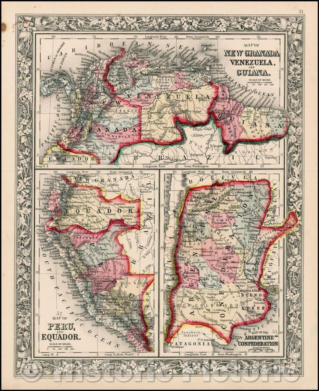 Historic Map - Map Of New Granada, Venezuela, And Guiana With [Peru And Equador And The Argentine Confederation], 1862, Samuel Augustus Mitchell Jr. - Vintage Wall Art