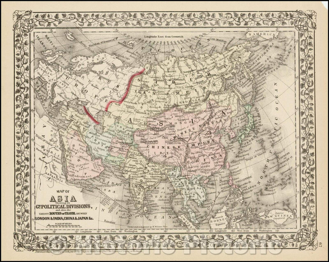 Historic Map - Map of Asia Showing its Gt. Political Divisions and.Routes of Trade between London & India, China, Japan, 1871, Samuel Augustus Mitchell Jr. v1