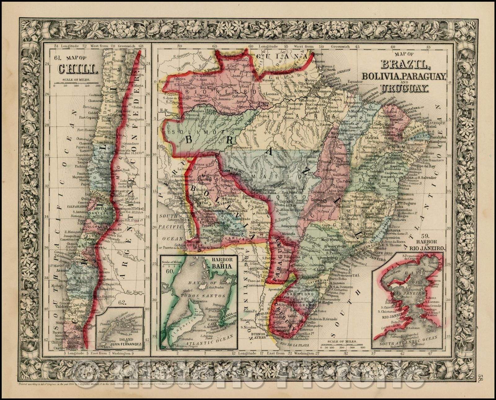 Historic Map - Map Of Brazil, Bolivia, Paraguay, And Uruguay With [Chili], 1870, Samuel Augustus Mitchell Jr. v1