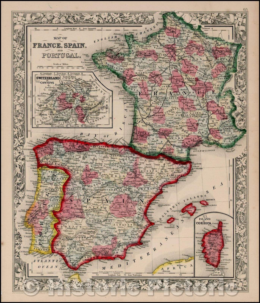 Historic Map - Map of France, Spain and Portugal [Inset Map of Corsica], 1862, Samuel Augustus Mitchell Jr. - Vintage Wall Art