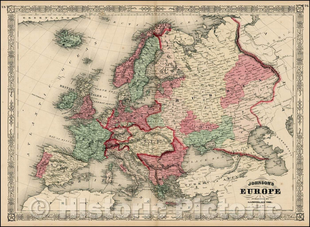 Historic Map - Johnson's Europe, 1864, Alvin Jewett Johnson - Vintage Wall Art