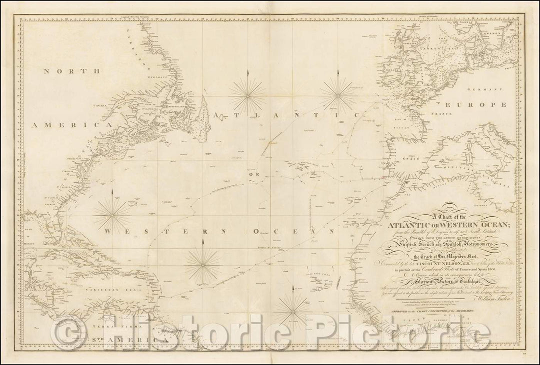 Historic Map - A Chart of the Atlantic or Western Ocean, 1807, William Faden - Vintage Wall Art