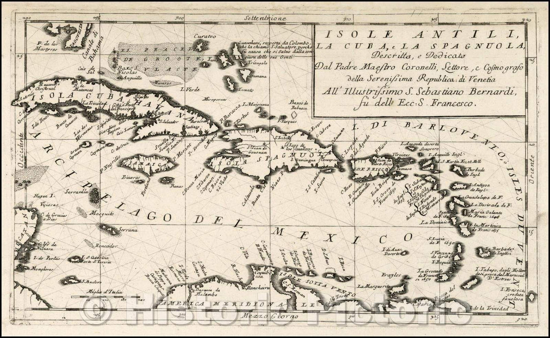 Historic Map - Isole Antili, La Cuba, La Spagnuola, Descrtitte e Dedicato Dal Padre Maestro Coronelli, 1690, Vincenzo Maria Coronelli - Vintage Wall Art