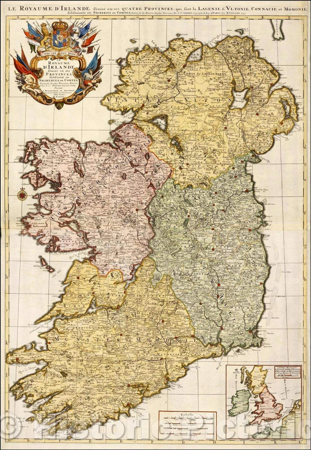 Historic Map - Royaume D'Irlande divise en ses Provinces, Subdivise en Shireries ou Comtes/Example of Jaillot's Map of Ireland, 1693, Alexis-Hubert Jaillot - Vintage Wall Art