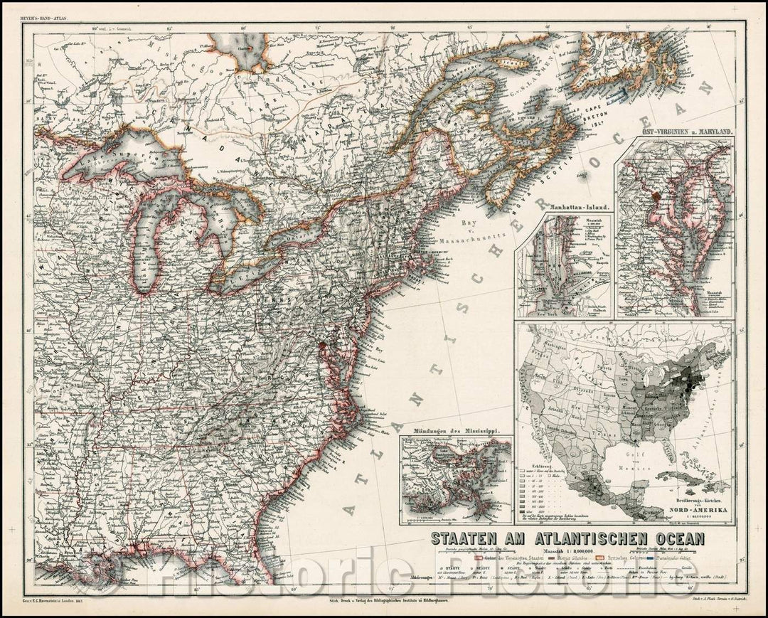 Historic Map - Staaten Am Atlantischen Ocean, 1867, E.G. Ravenstein - Vintage Wall Art