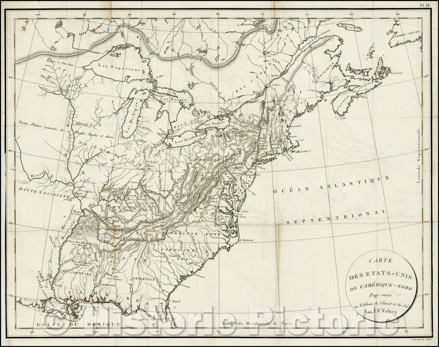 Historic Map - Carte Des Etats-Unis De L'Amerique-Nord Pour servir au Tableau du Climat e :: United States Of America The North, 1822 - Vintage Wall Art