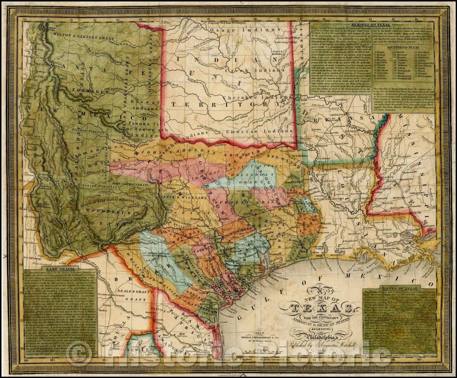 Historic Map - Texas, with the Contiguous American & Mexican States, 1842, Samuel Augustus Mitchell - Vintage Wall Art