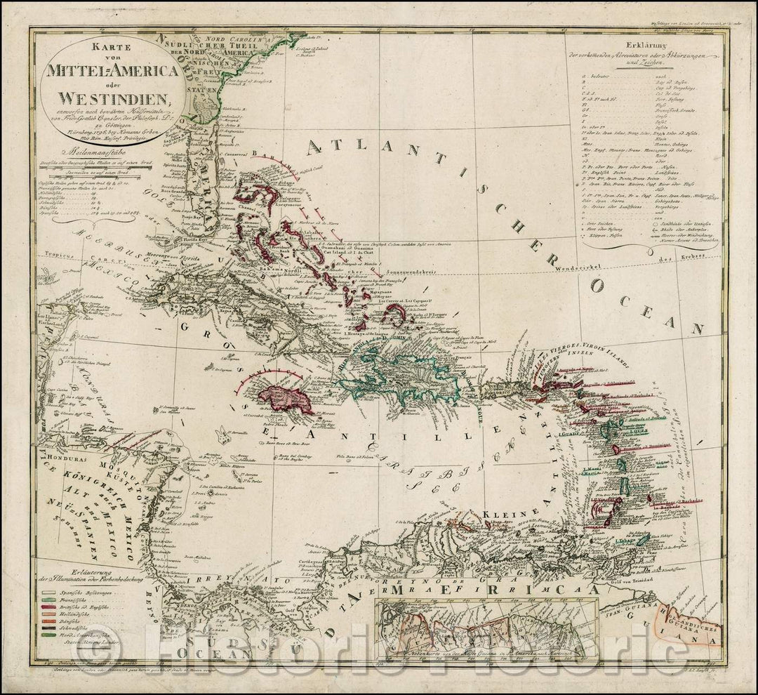 Historic Map - Karte von Mittel/Homann Heirs Map of Florida, the Carolinas and the Caribbean, 1796, Homann Heirs - Vintage Wall Art