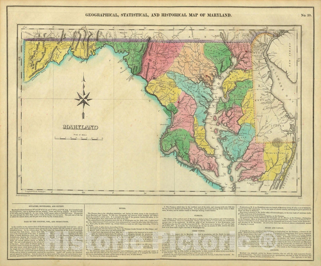 Historic Map - Geographical, Statistical and Historical Map of Maryland, 1822, Henry Charles Carey - Vintage Wall Art