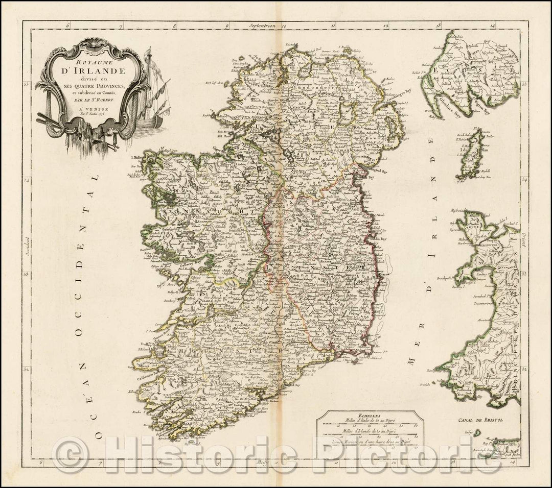 Historic Map - Carte De Royaume D'Irlande divise en ses Quatre Provinces et subdivise en Comtes/Map of Ireland, Extends east to show the Isle of Man, 1778 - Vintage Wall Art